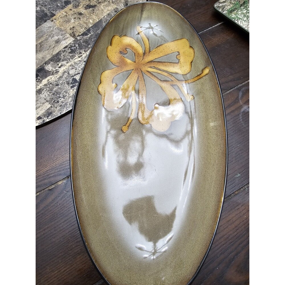 Pier One Kioko Collection Oval Platter 15.5" Long Green With Brown Flower